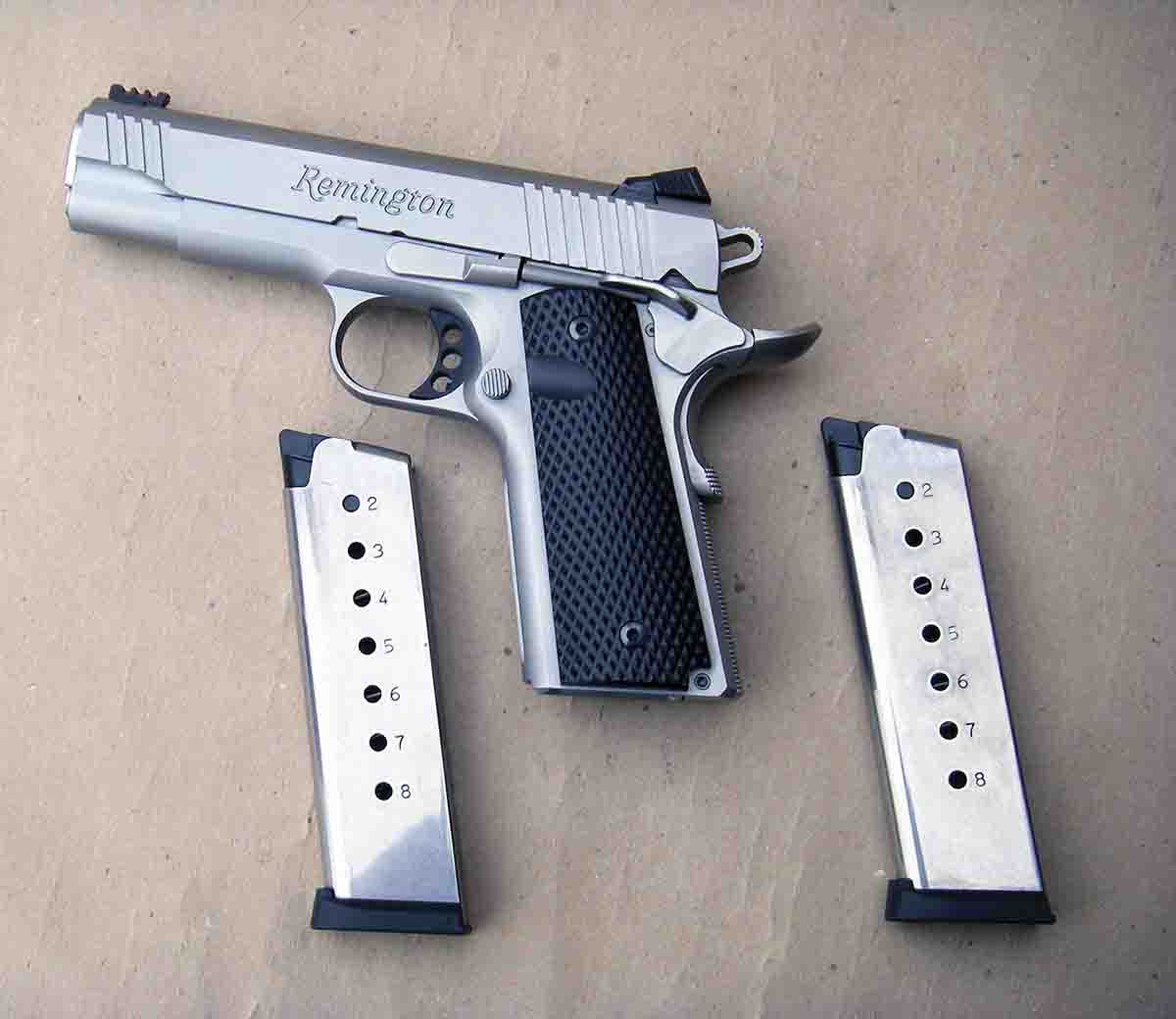 The Remington Model 1911R1S Enhanced Commander comes standard with two eight-round magazines.